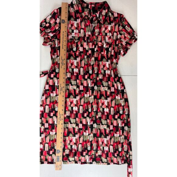New Directions Shirt Dress Pink Red Black Green Print Tie Belt Women's Petite M - Picture 9 of 10
